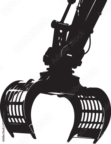 Heavy duty excavator claw, industrial grapple, black silhouette, construction equipment, machinery icon