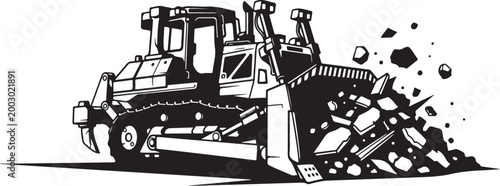 Bulldozer, heavy equipment, construction vehicle, industrial machine, black and white vector