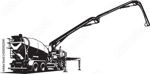 Concrete pump truck, construction vehicle, industrial equipment, black and white vector