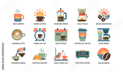 Coffee icons depicting morning brewing routines in grid