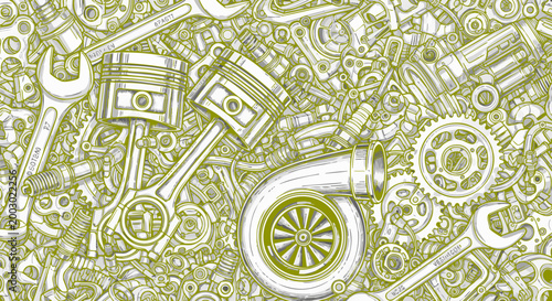 Vintage automotive engine parts pattern, hand drawn car mechanic tools and turbocharger background, industrial machine components vector illustration