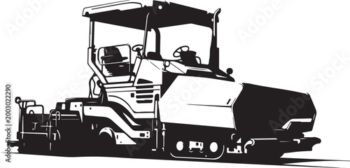 Asphalt paver, road construction, black and white vector, industrial machine, paving equipment