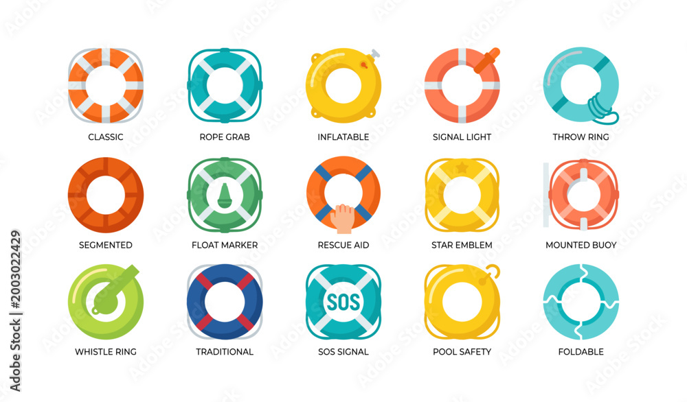 Fototapeta premium Lifebuoy and rescue ring icons showing buoy styles on white background
