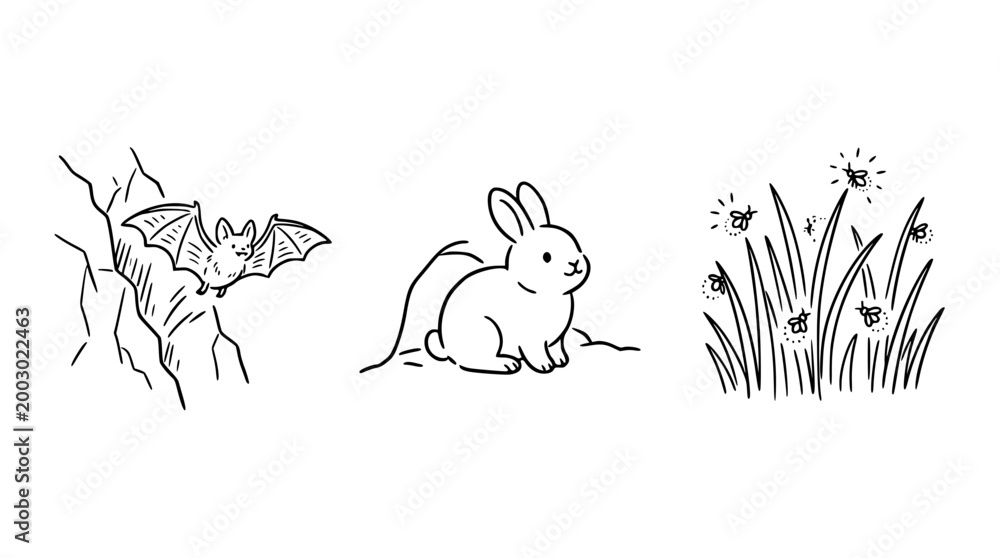 Fototapeta premium Bat, Bunny, and Bees in a Nature Scene