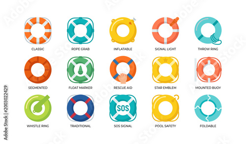 Lifebuoy and rescue ring icons showing buoy styles on white background