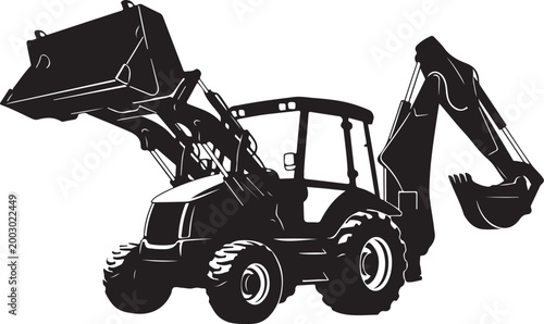 Black, industrial backhoe loader, excavator, construction vehicle, silhouette icon