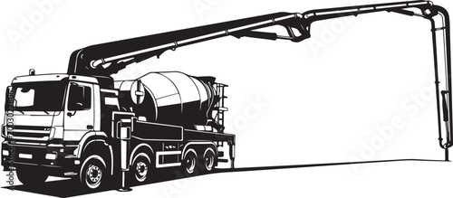 Cement mixer truck, concrete pump, construction vehicle, industrial equipment, black and white vector