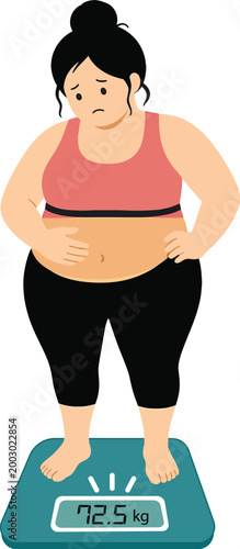 Overweight Woman Sad About Weight on Scale Illustration