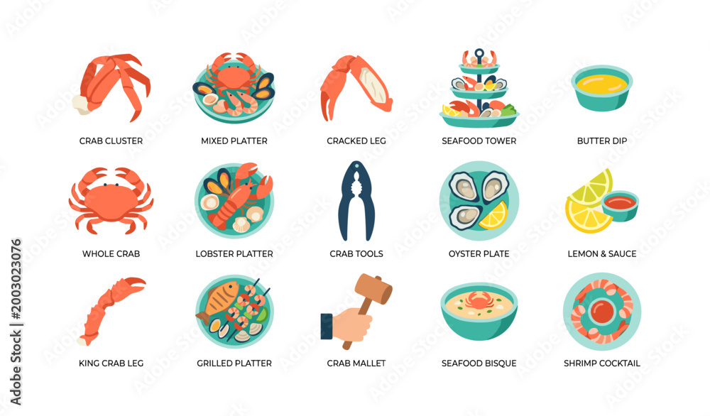 Obraz premium Seafood and crab icons arranged in grid on white background