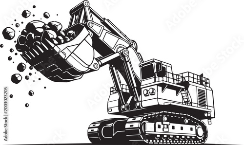 Industrial excavator, heavy machinery, construction equipment, black and white vector