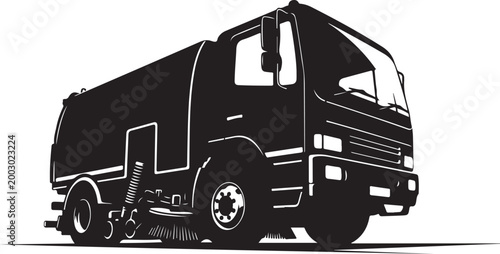 Black garbage truck, waste management vehicle, sanitation truck, vector illustration
