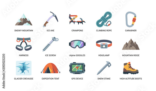 Mountaineering equipment icons displayed on white background