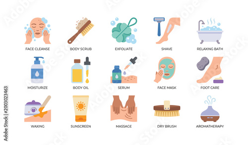Spa and beauty icons illustrating treatments and personal care routines