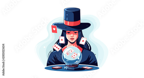 Fortune Teller Woman with Crystal Ball, Cards, and Top Hat