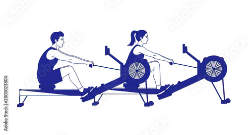 Man and Woman Rowing Machine Workout, Fitness Couple Exercise Together