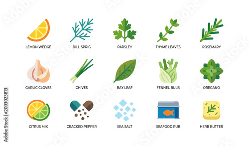 Herb and seasoning icons showing ingredients on white background