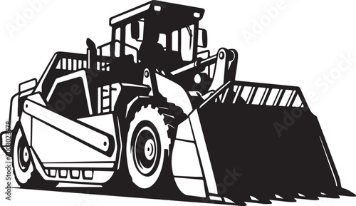 Black and white loader truck, construction vehicle, heavy equipment, industrial machine, vector illustration