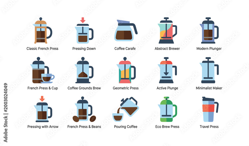 Obraz premium French press coffee makers and accessories arranged on white