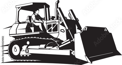 Bulldozer, construction vehicle, heavy equipment, industrial machine, black and white vector