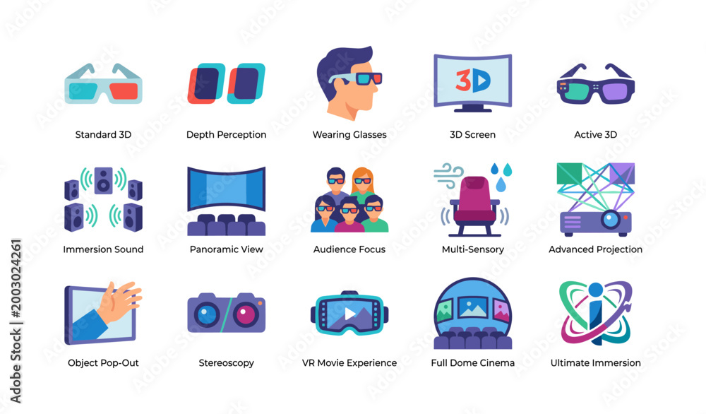 Fototapeta premium Immersive 3d cinema and virtual reality icons displayed grid