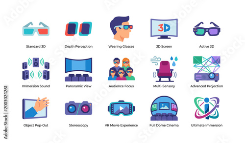 Immersive 3d cinema and virtual reality icons displayed grid