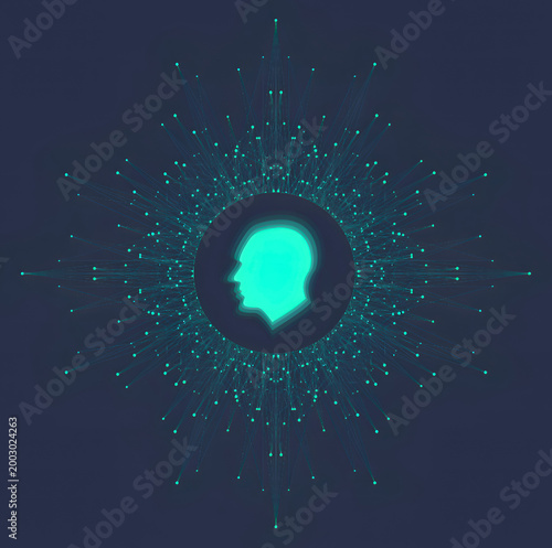 A minimalist digital illustration of a human head silhouette centered within a glowing geometric neural network to represent artificial intelligence and human consciousness.