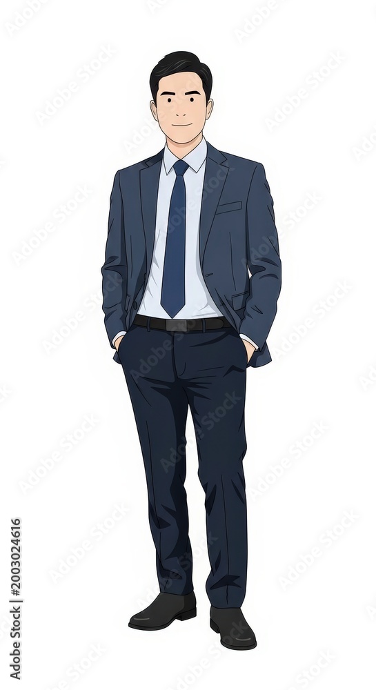 Fototapeta premium Confident young entrepreneur in business suit standing with hands in pockets on white background, professional modern male leader
