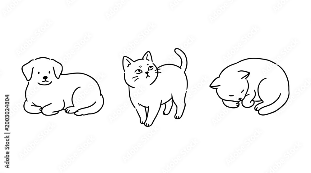 Obraz premium Laying Dog, Playful Cat and Sleeping Kitten