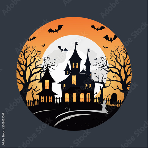 Scary haunted house with spooky trees and bats against a bright moon, halloween