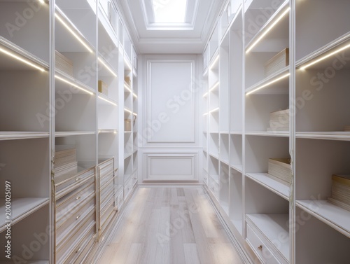 Bright, elegant walk-in closet with built-in shelves. Lighting enhances clean lines and minimalist design. Wooden flooring complements white cabinetry perfectly