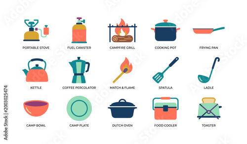 Camping cookware and utensils arranged in labeled grid on white