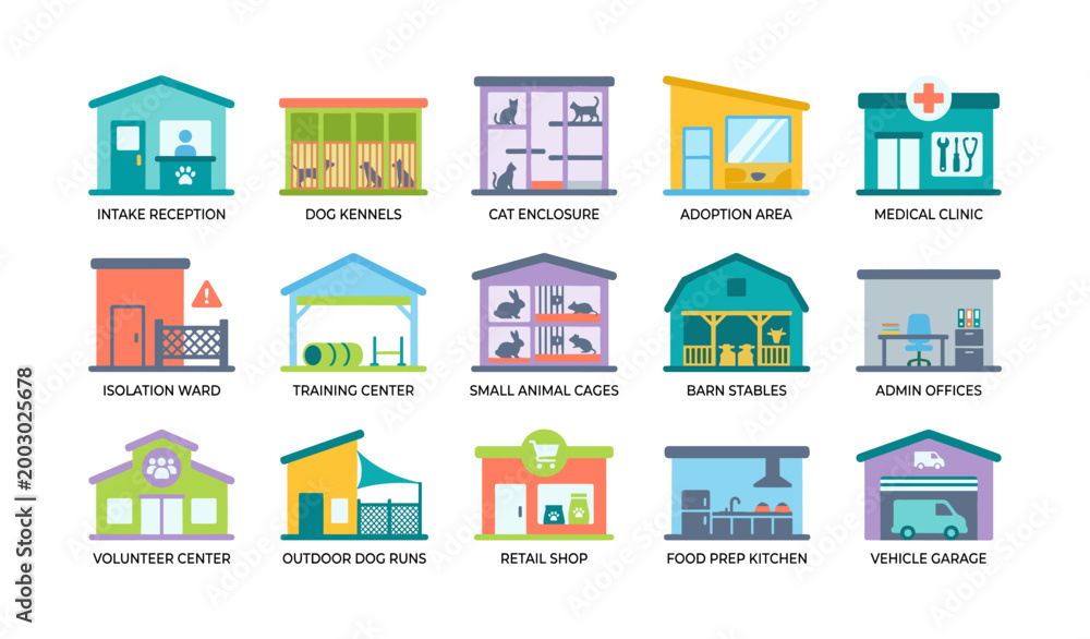 Fototapeta premium Animal shelter facility icons displayed in a labeled grid layout
