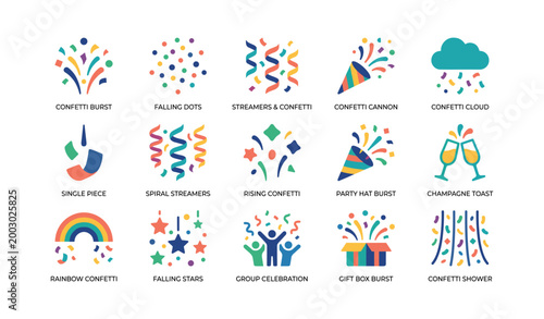 Confetti icons showing party bursts and celebration symbols on white
