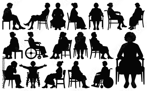 Elderly Women Sitting Silhouette Collection, Vector Illustration Isolated on Transparent Background