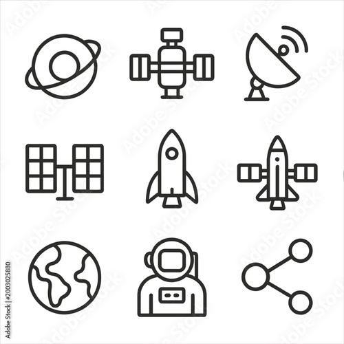 Space exploration icons: satellite, rocket, planet, astronaut, global communication