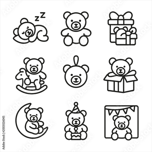 Cute teddy bear icons set: playful designs for children's themes