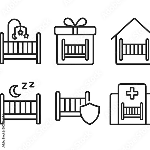 Baby crib icon set: gift, protection, hospital, sleep, home themes