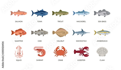 Seafood and fish icons arranged on white background