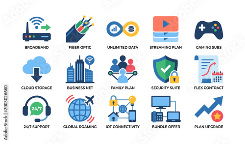 Network and service plan icons showing connectivity and features