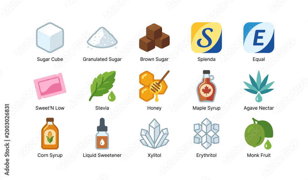 Fototapeta premium Sweetener types and substitutes arranged in labeled grid on white