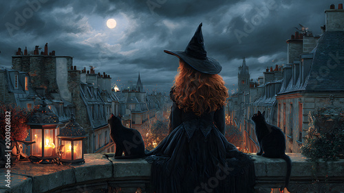 Red haired witch sitting on rooftop with cats under full moon over old city