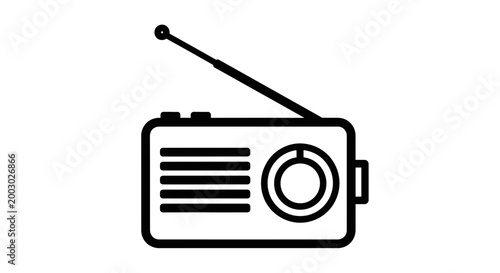 Simple black and white line drawing of a vintage portable radio with extended antenna