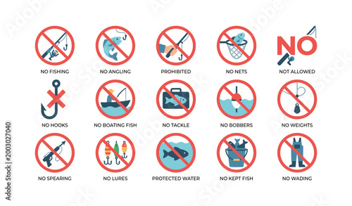 Fishing prohibition icons indicating banned angling methods and gear