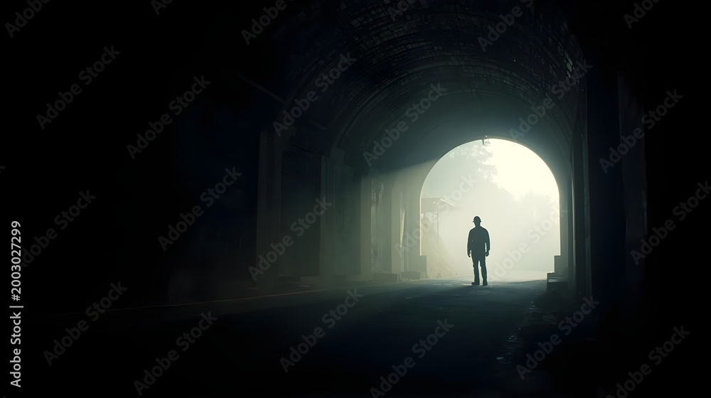 Fototapeta premium Silhouette of a lone figure standing in a dimly lit tunnel with light emanating from the end