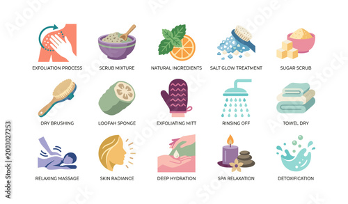 Body exfoliation and spa icons on white background