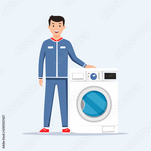 Man in Uniform Standing Next to Washing Machine