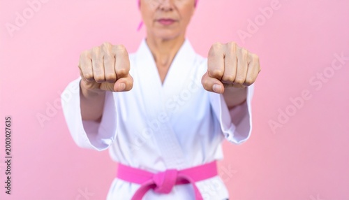 Determined senior woman practicing karate with pink belt and uniform.