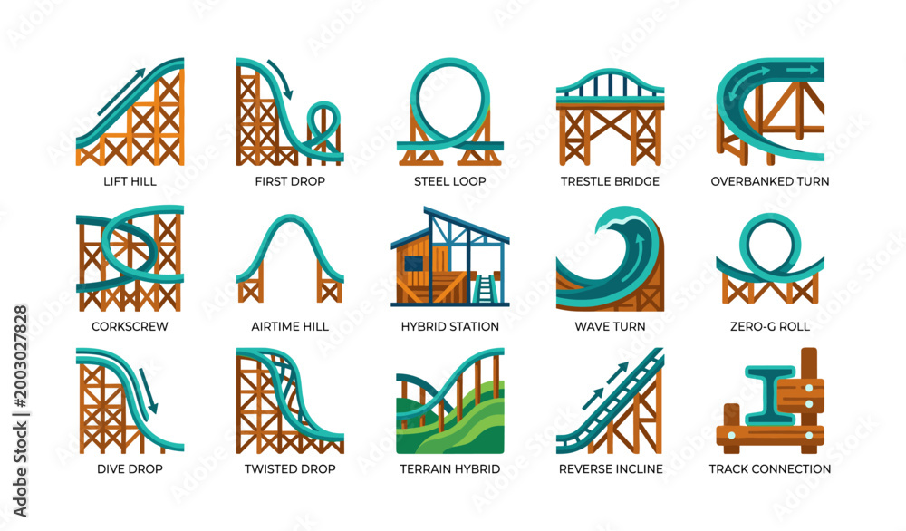 Fototapeta premium Roller coaster track elements arranged in labeled grid