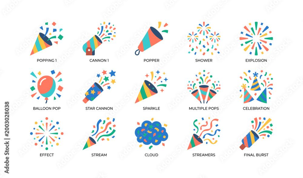 Fototapeta premium Party celebration icons showing confetti, poppers and streamers