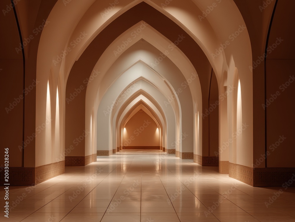 Fototapeta premium Warm light illuminates elegant arched corridor. Smooth tiled floor reflects soft ambient glow. Vaulted ceilings form repeating geometric pattern. Symmetrical design draws eye toward distant entrance